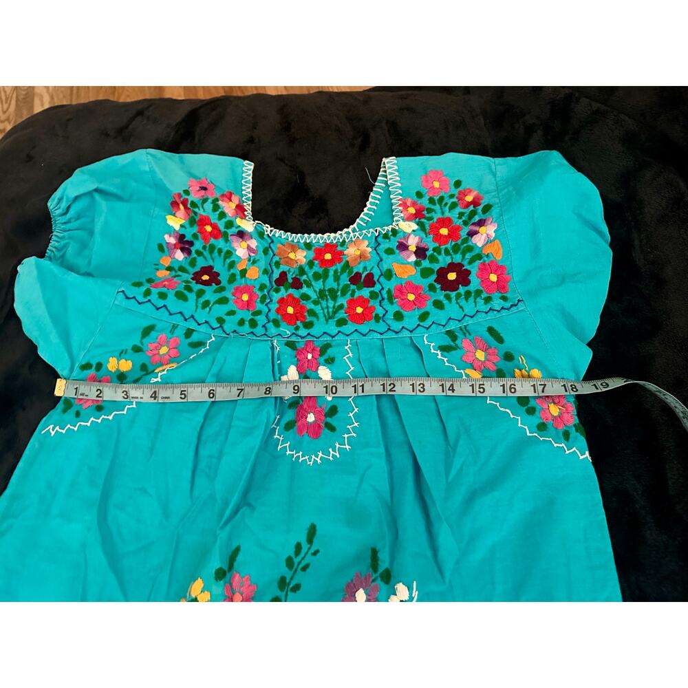 Vintage 70s Mexican Oaxacan/Puebla Turquoise San Antonino Hand Embroidered Dress View 6